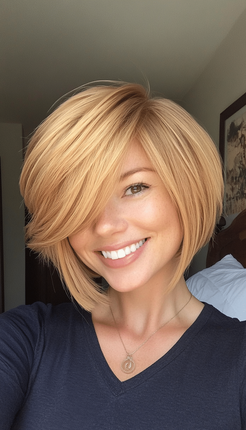 2. Honey Blonde Bob (Short Layered Haircuts With Side Bangs) - Short Layered Haircuts With Side Bangs