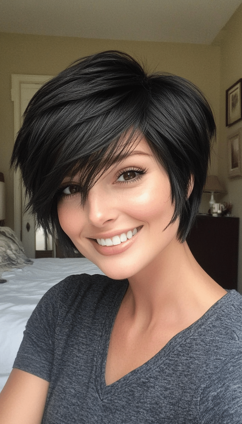 3. Raven Feathered Cut (Short Layered Haircuts With Side Bangs) - Short Layered Haircuts With Side Bangs