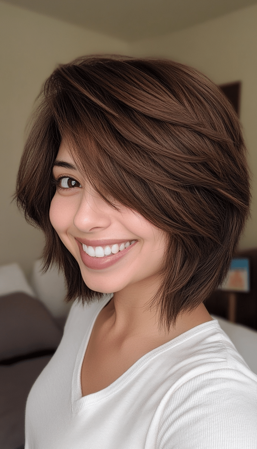 4. Chocolate Brown Shag (Short Layered Haircuts With Side Bangs) - Short Layered Haircuts With Side Bangs