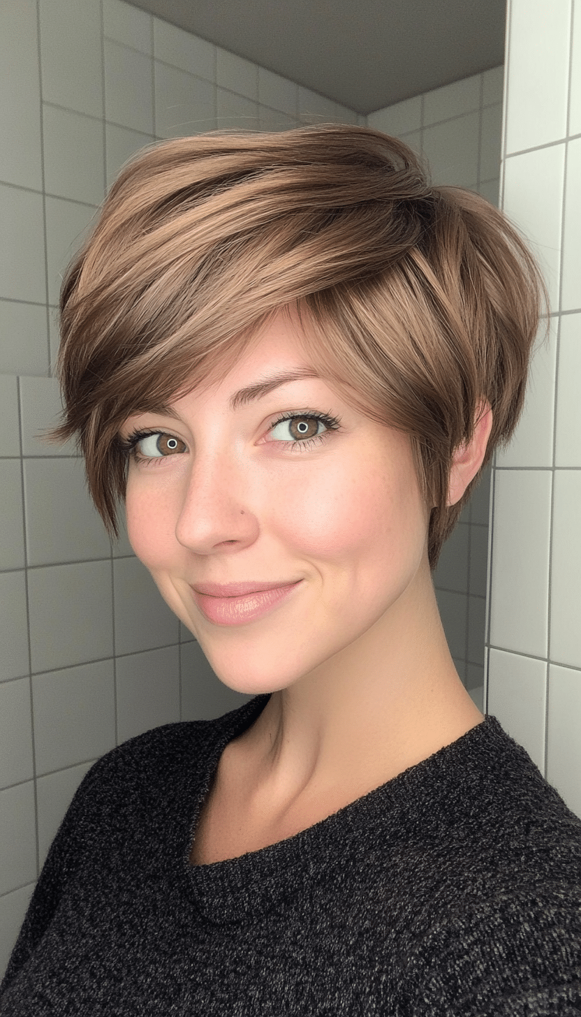 5. Ash Brown Layered Pixie (Short Layered Haircuts With Side Bangs) - Short Layered Haircuts With Side Bangs
