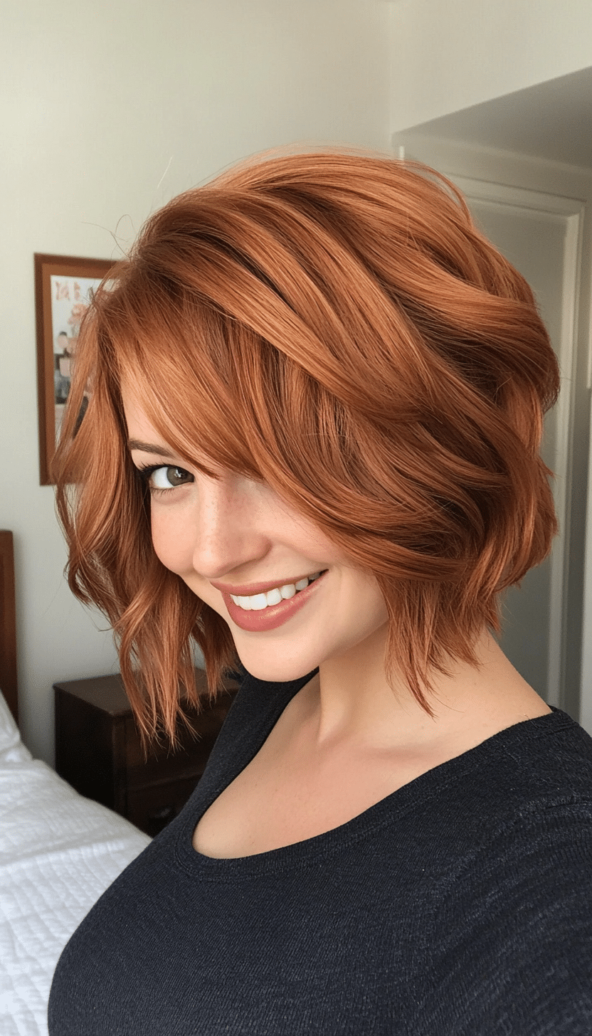 6. Copper Textured Lob (Short Layered Haircuts With Side Bangs) - Short Layered Haircuts With Side Bangs