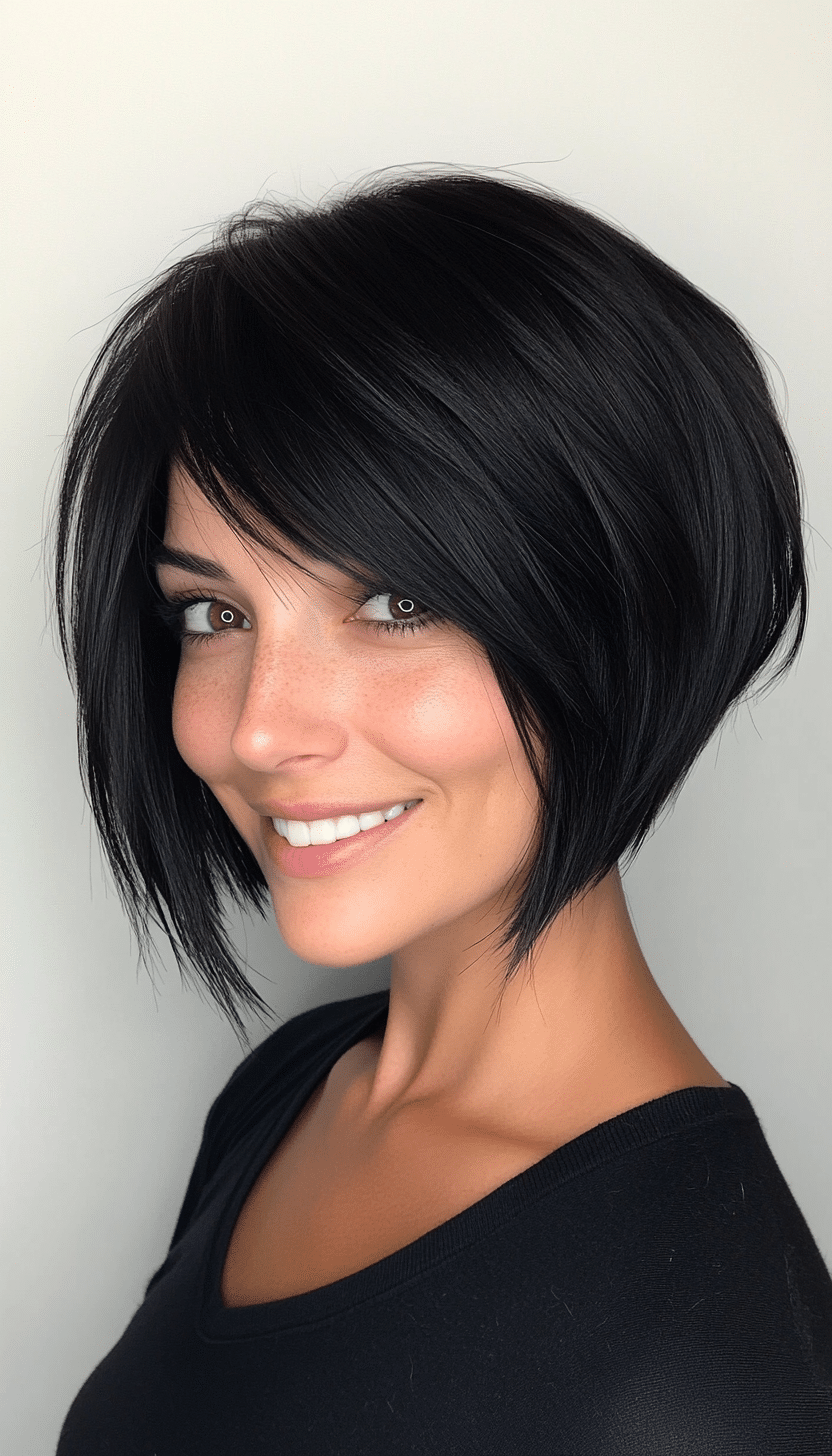 7. Jet Black Graduated Bob (Short Layered Haircuts With Side Bangs) - Short Layered Haircuts With Side Bangs