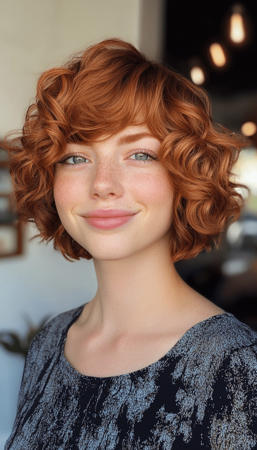 8. Chestnut Curly Layers (Short Layered Haircuts With Side Bangs) - Short Layered Haircuts With Side Bangs