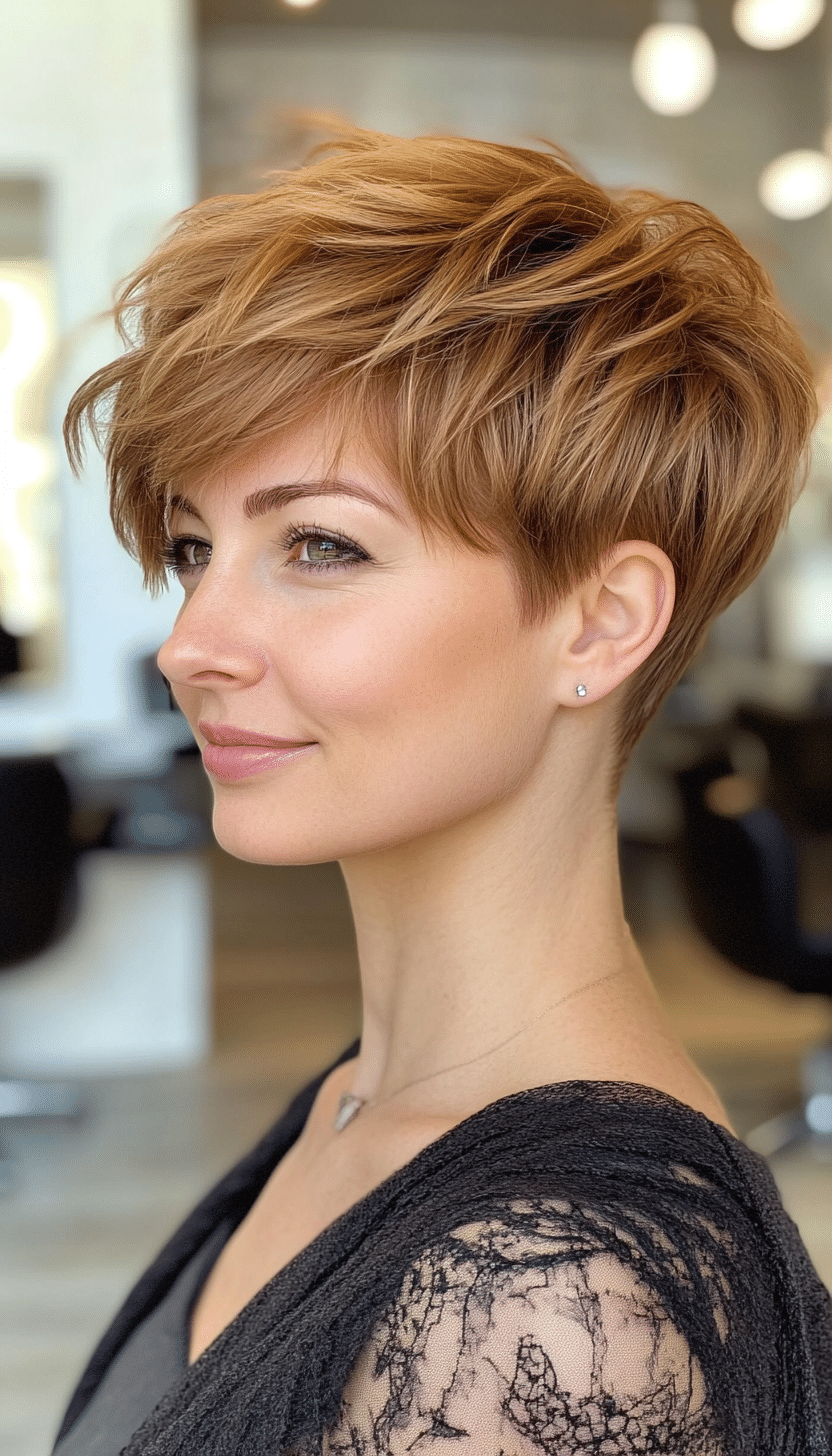 10. Golden Brown Feathered Pixie (Short Layered Haircuts With Side Bangs) - Short Layered Haircuts With Side Bangs