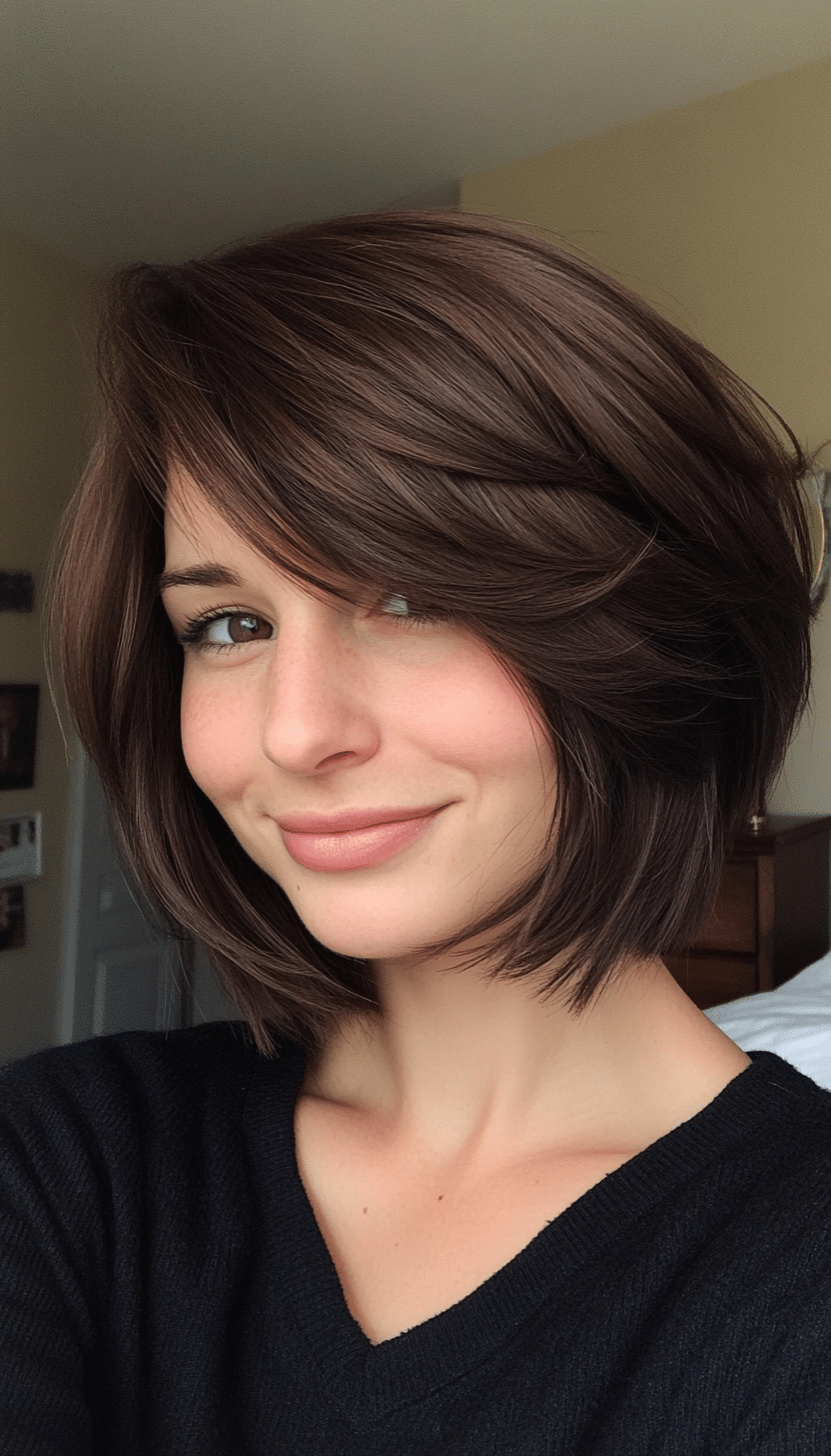11. Espresso Layered Bob (Short Layered Haircuts With Side Bangs) - Short Layered Haircuts With Side Bangs