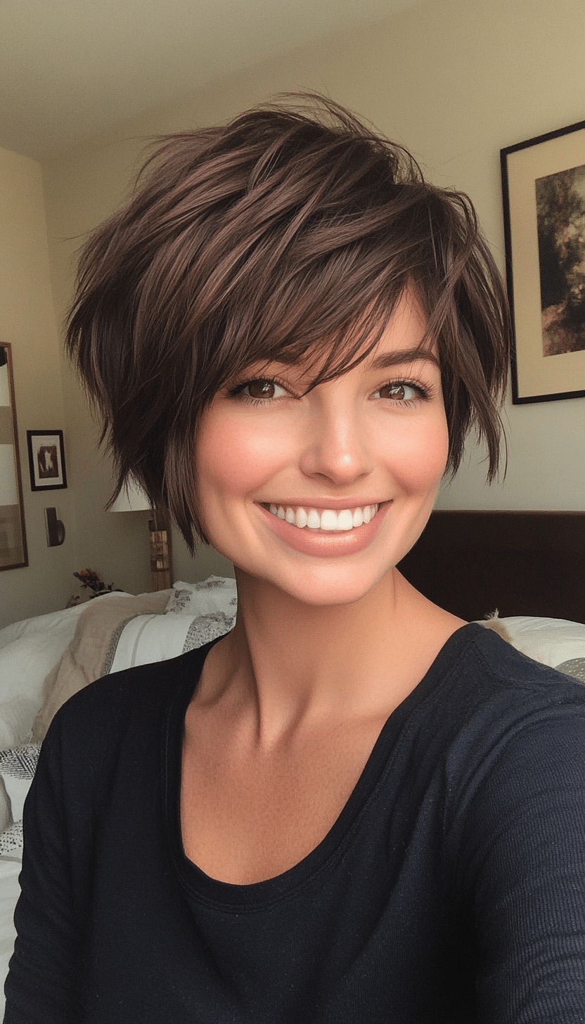 18. Dark Chocolate Textured Pixie (Short Layered Haircuts With Side Bangs) - Short Layered Haircuts With Side Bangs