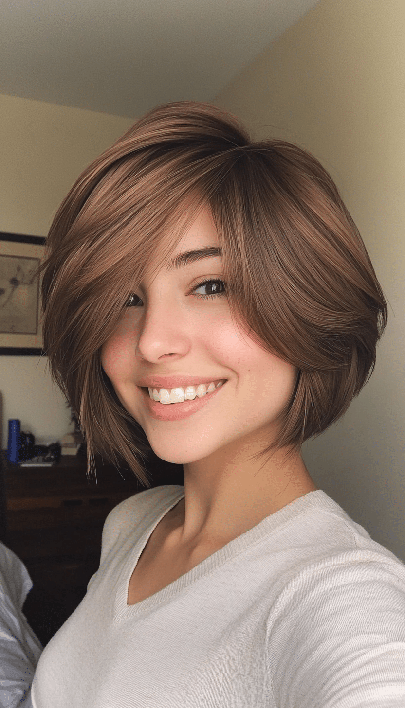 19. Medium Brown Stacked Cut (Short Layered Haircuts With Side Bangs) - Short Layered Haircuts With Side Bangs