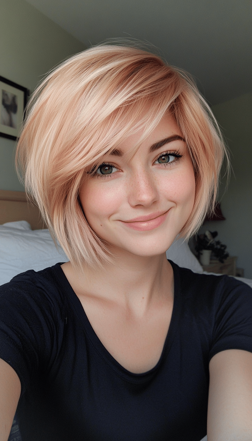 20. Strawberry Blonde Bob (Short Layered Haircuts With Side Bangs) - Short Layered Haircuts With Side Bangs