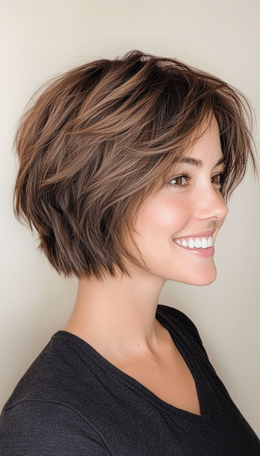 21. Brunette Shaggy Layers (Short Layered Haircuts With Side Bangs) - Short Layered Haircuts With Side Bangs