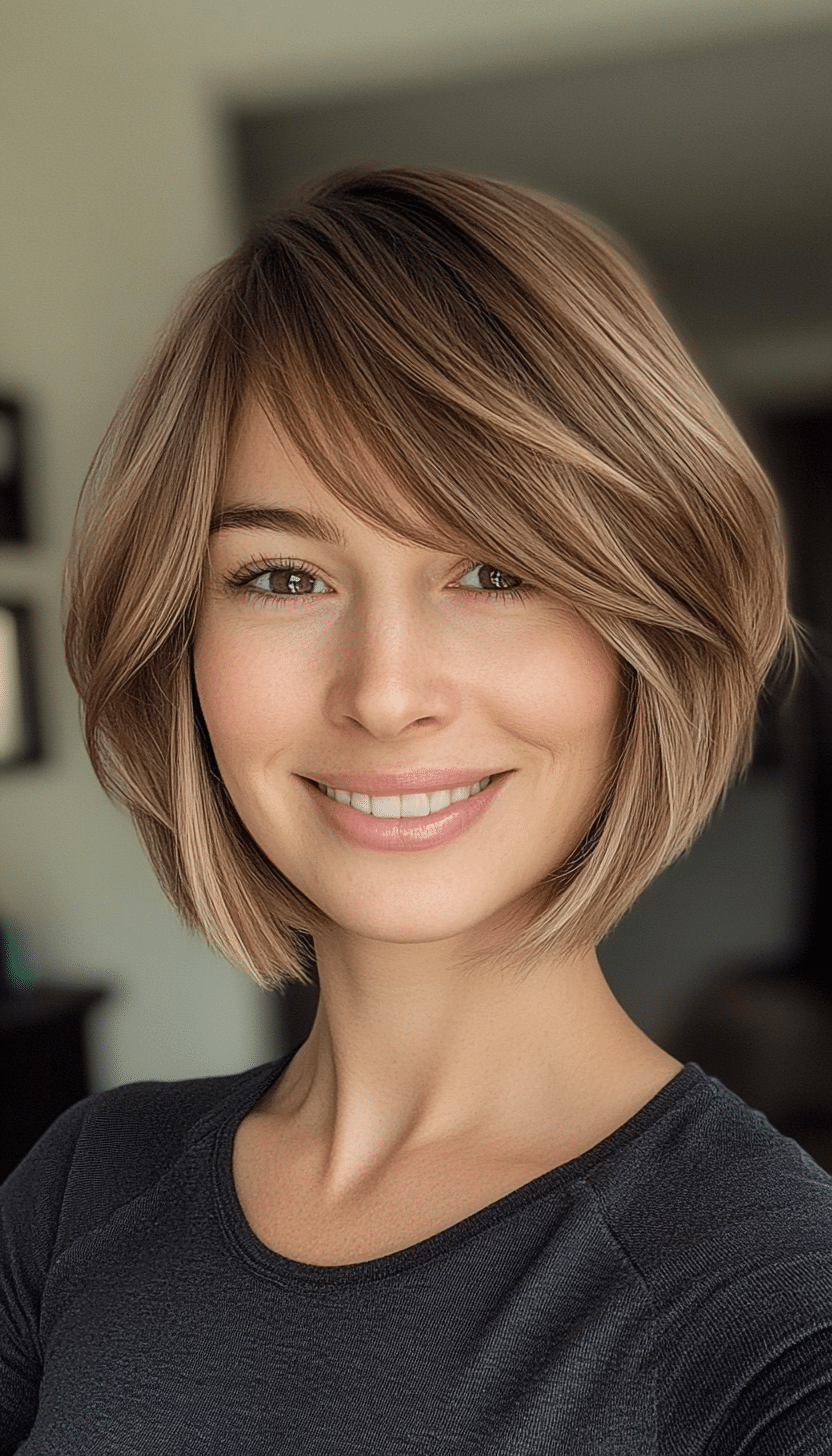 22. Light Brown Wispy Bob (Short Layered Haircuts With Side Bangs) - Short Layered Haircuts With Side Bangs