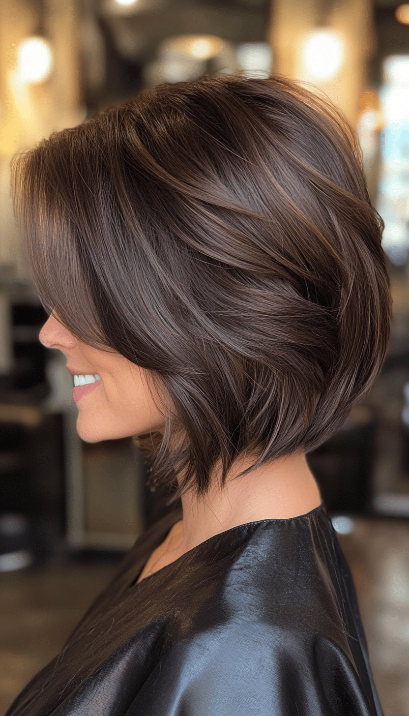 27. Natural Brunette Smooth Layers (Short Layered Haircuts With Side Bangs) - Short Layered Haircuts With Side Bangs