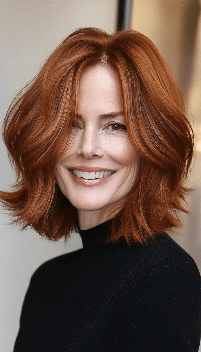 1. Soft Auburn Layered Lob (Best Haircuts For Women Over 40) - Best Haircuts For Women Over 40