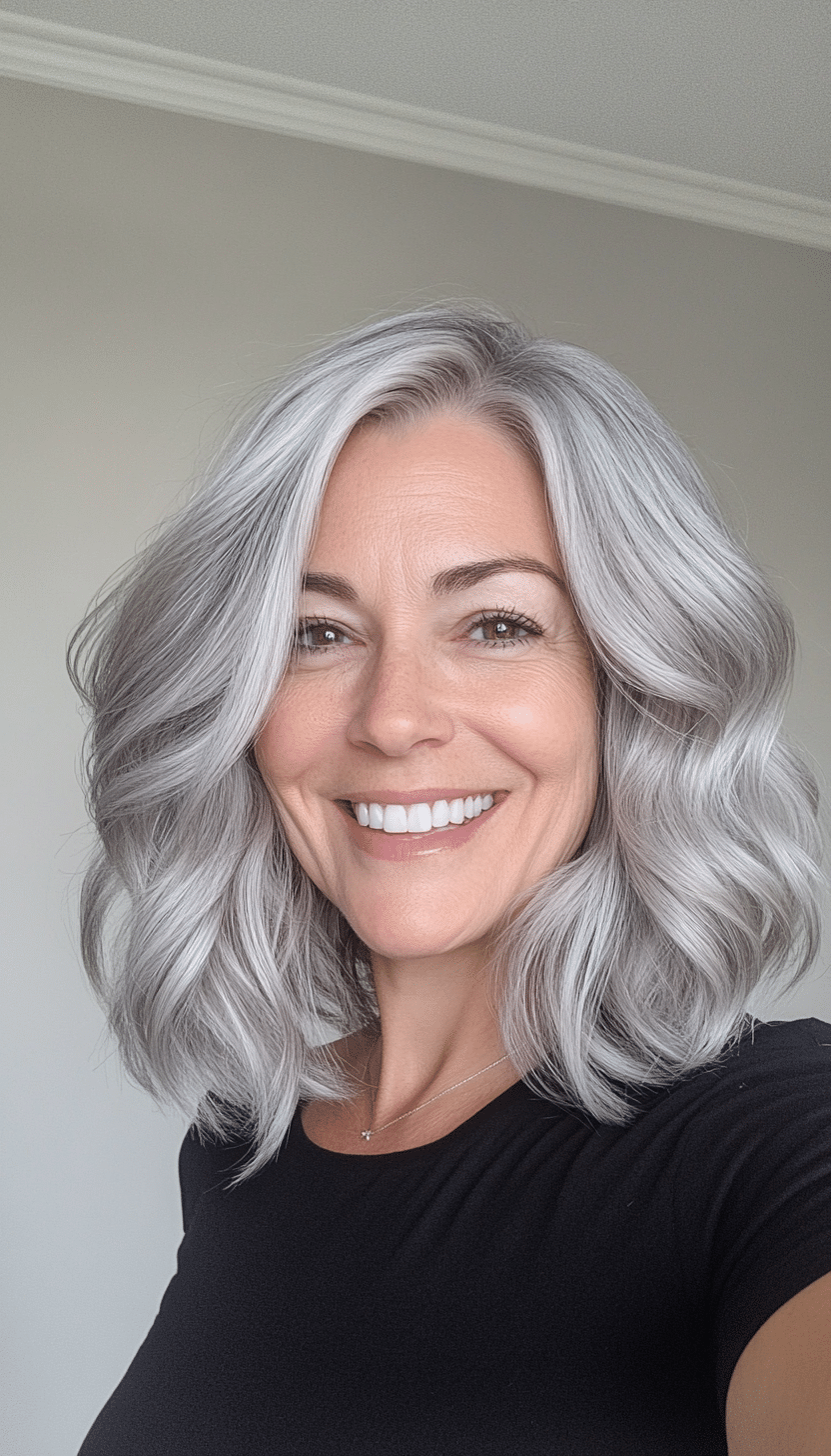 4. Silver Ash Shoulder-Length Waves (Best Haircuts For Women Over 40) - Best Haircuts For Women Over 40
