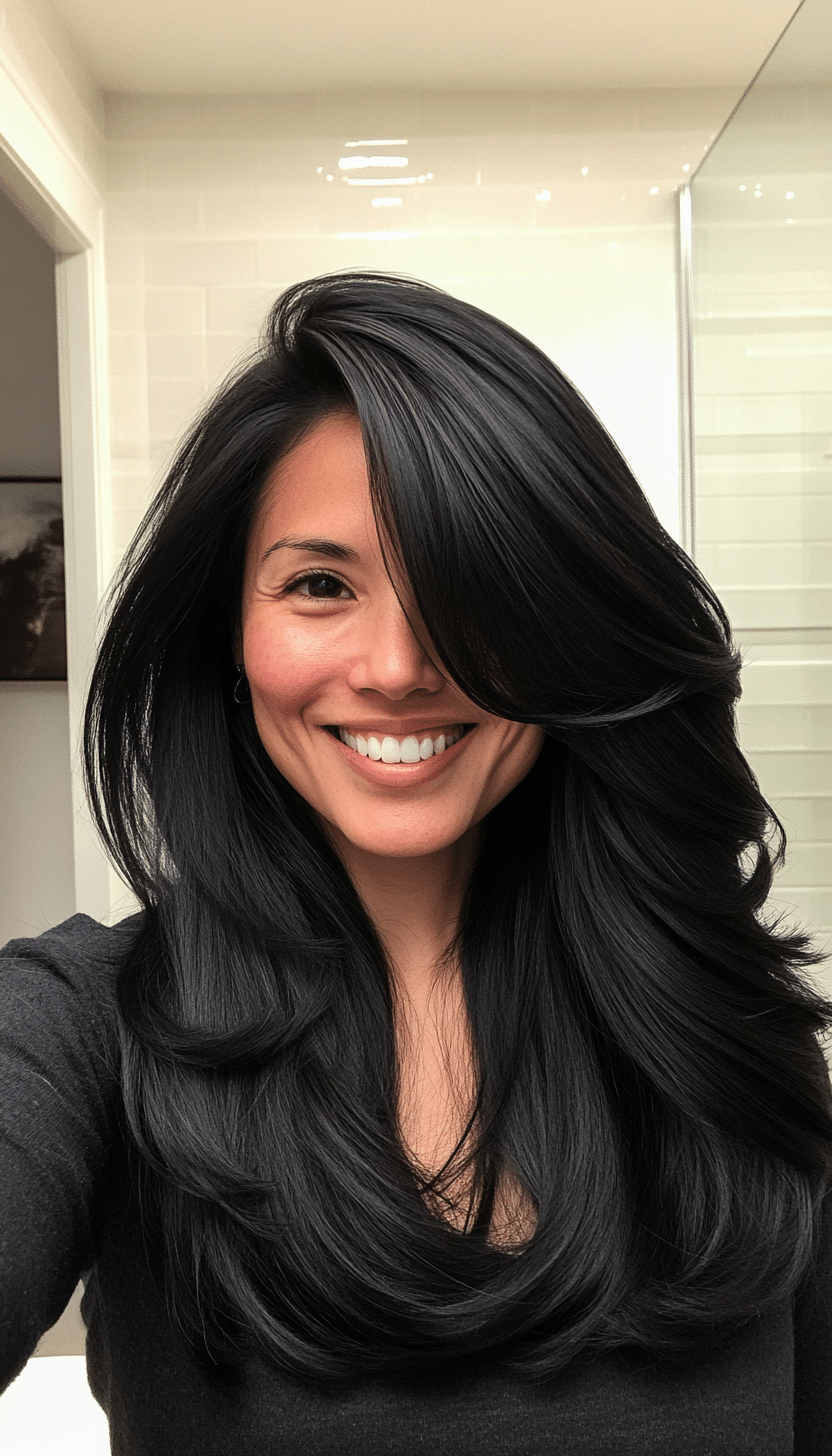 10. Soft Black Long Layers (Best Haircuts For Women Over 40) - Best Haircuts For Women Over 40
