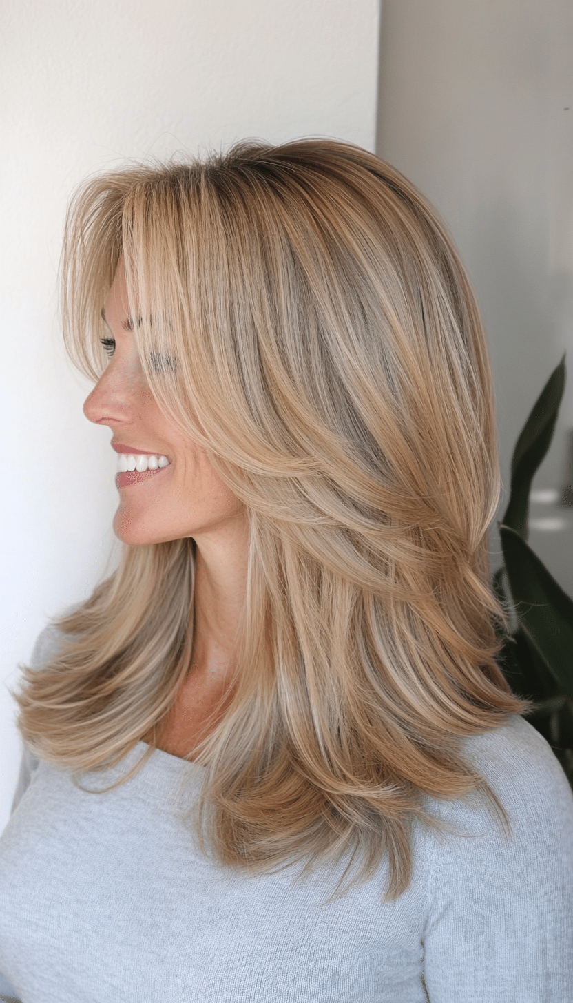 11. Sandy Blonde Curtain Bangs (Best Haircuts For Women Over 40) - Best Haircuts For Women Over 40
