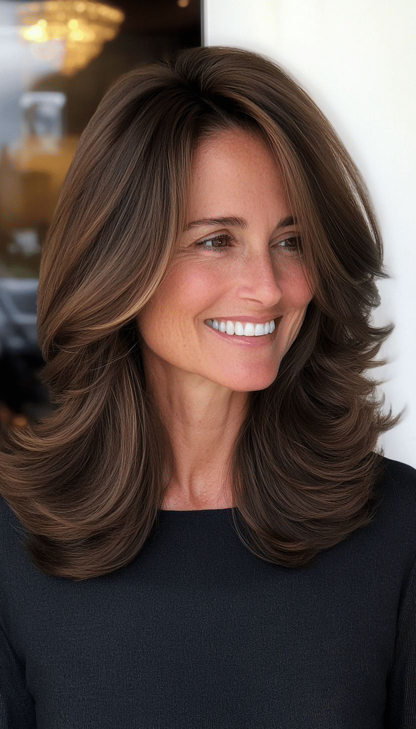 13. Warm Brunette Shoulder-Length Layers (Best Haircuts For Women Over 40) - Best Haircuts For Women Over 40