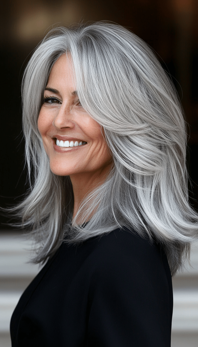 26. Silver Gray Feathered Layers (Best Haircuts For Women Over 40) - Best Haircuts For Women Over 40
