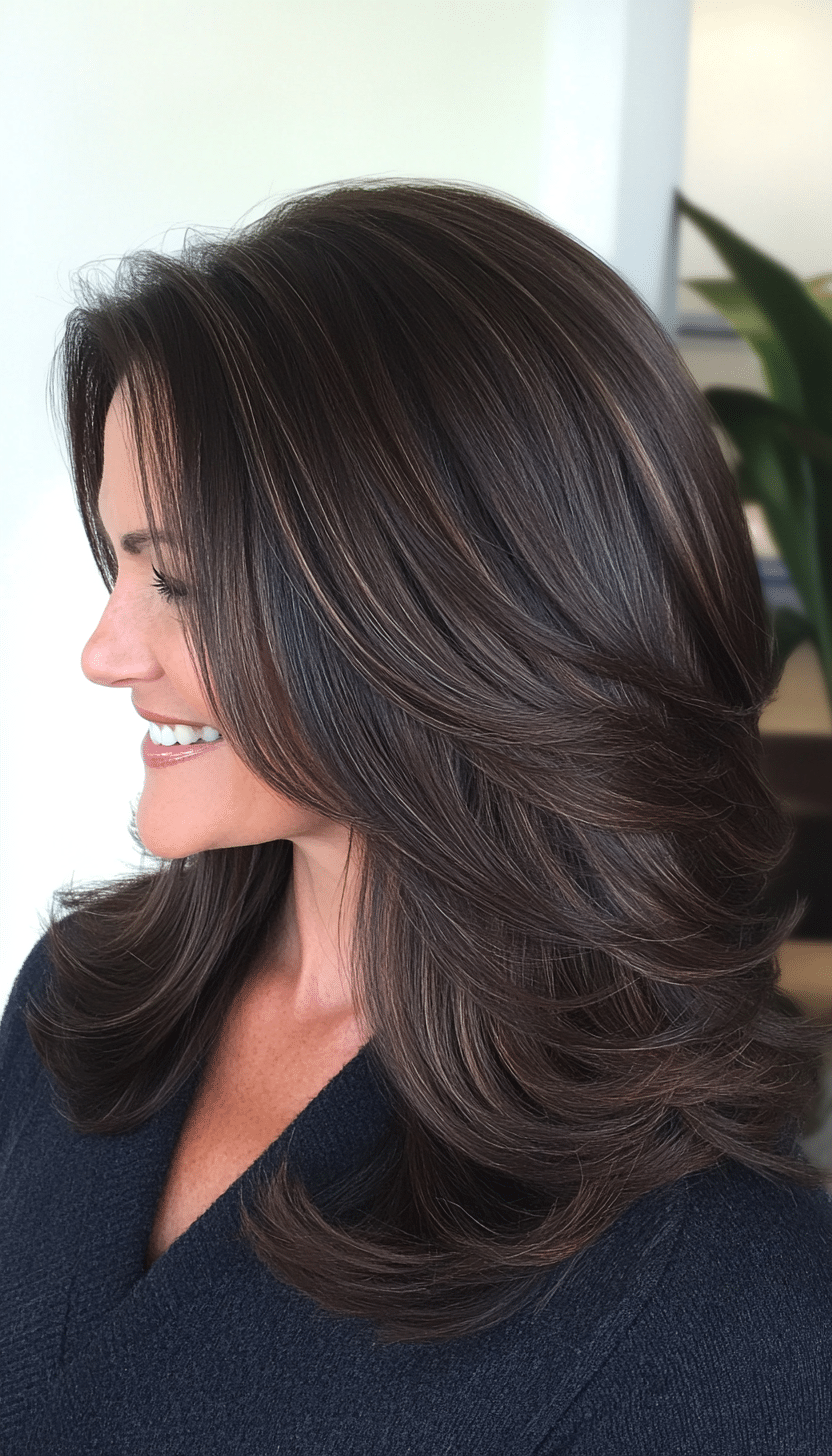 27. Dark Brown Blended Layers (Best Haircuts For Women Over 40) - Best Haircuts For Women Over 40