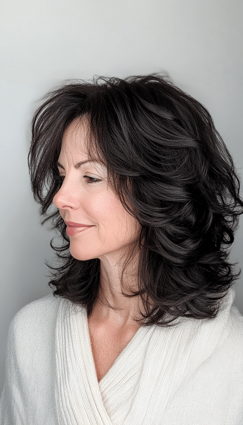17. Soft Black Curly Lob (Easy Hairstyles For Older Women) - Easy Hairstyles For Older Women