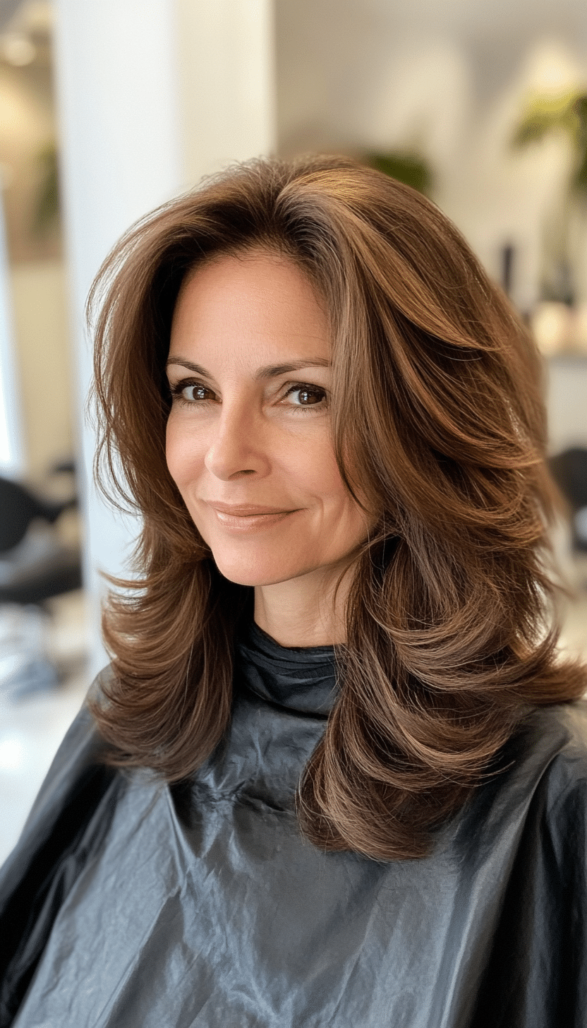 27. Chestnut Brown Feathered Layers (Easy Hairstyles For Older Women) - Easy Hairstyles For Older Women