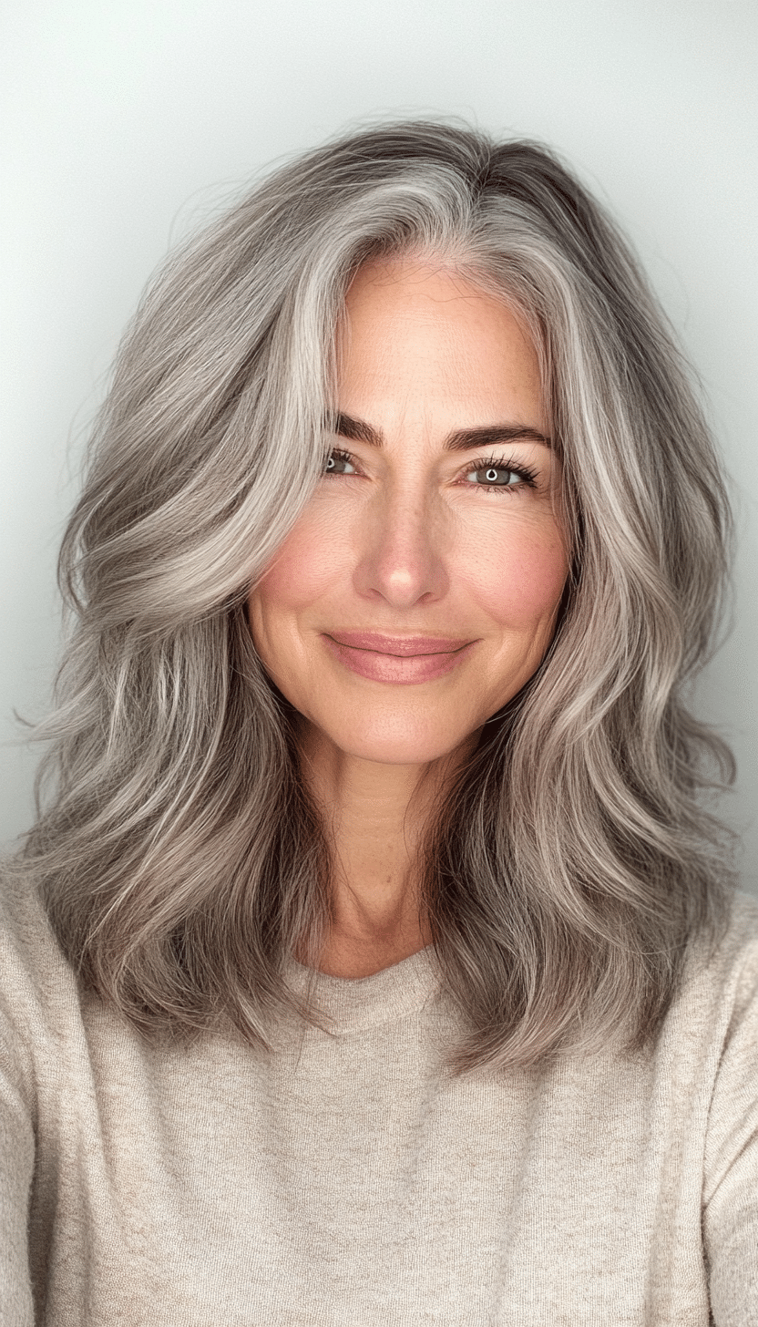 16. Salt and Pepper Shag (Modern Hairstyles For Women Over 50) - Modern Hairstyles For Women Over 50