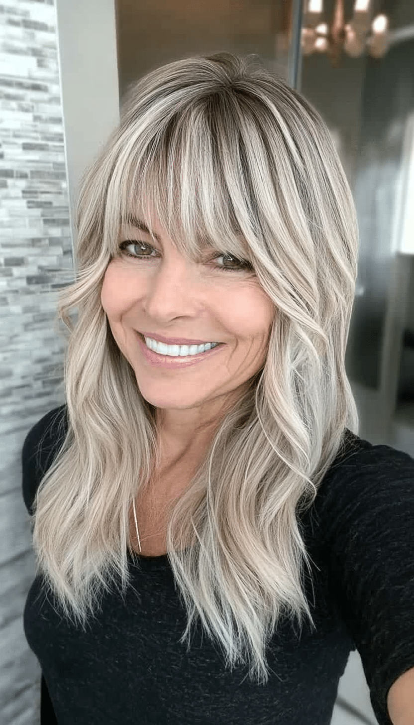 18. Icy Blonde Curtain Bangs (Modern Hairstyles For Women Over 50) - Modern Hairstyles For Women Over 50