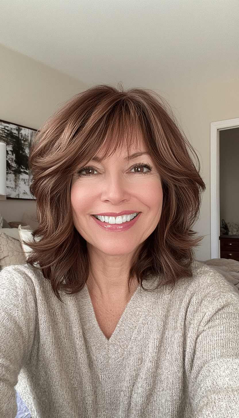 23. Walnut Brown with Soft Fringe (Modern Hairstyles For Women Over 50) - Modern Hairstyles For Women Over 50