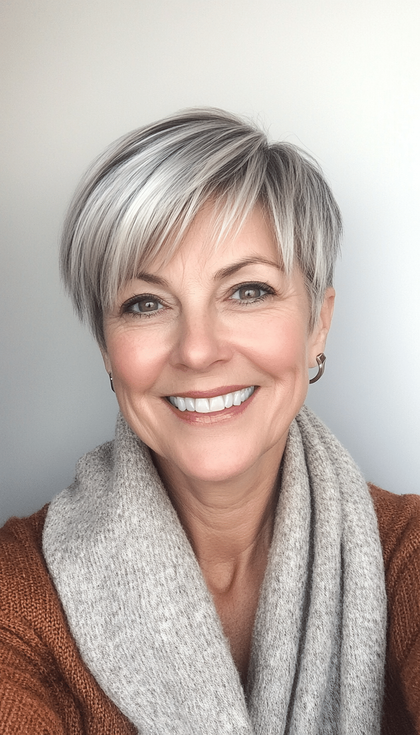 4. Salt and Pepper Side-Swept Pixie (Short Haircuts For Older Women With Fine Hair) - Short Haircuts For Older Women With Fine Hair