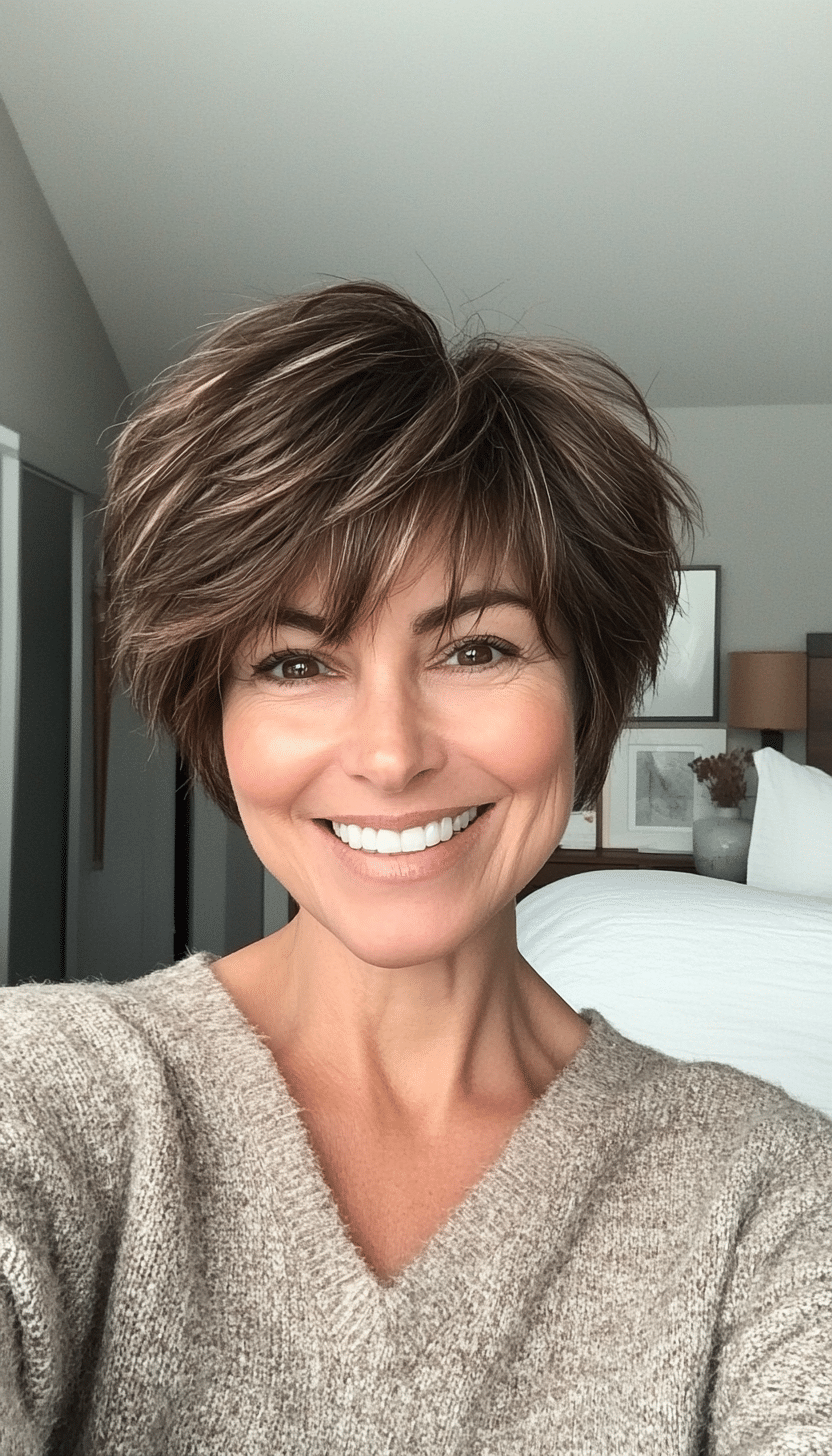 13. Cool Brown Shaggy Pixie (Short Haircuts For Older Women With Fine Hair) - Short Haircuts For Older Women With Fine Hair