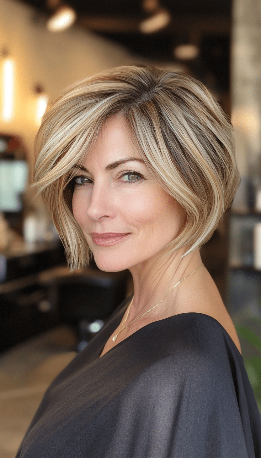 4. Asymmetrical Cut in Honey Highlights (Short Hairstyles For Women Over 50 With Thin Hair) - Short Hairstyles For Women Over 50 With Thin Hair
