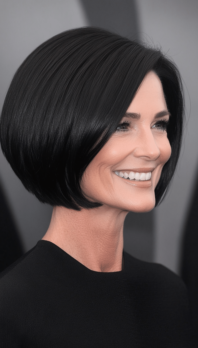 7. Sleek Side-Parted Bob in Jet Black (Short Hairstyles For Women Over 50 With Thin Hair) - Short Hairstyles For Women Over 50 With Thin Hair