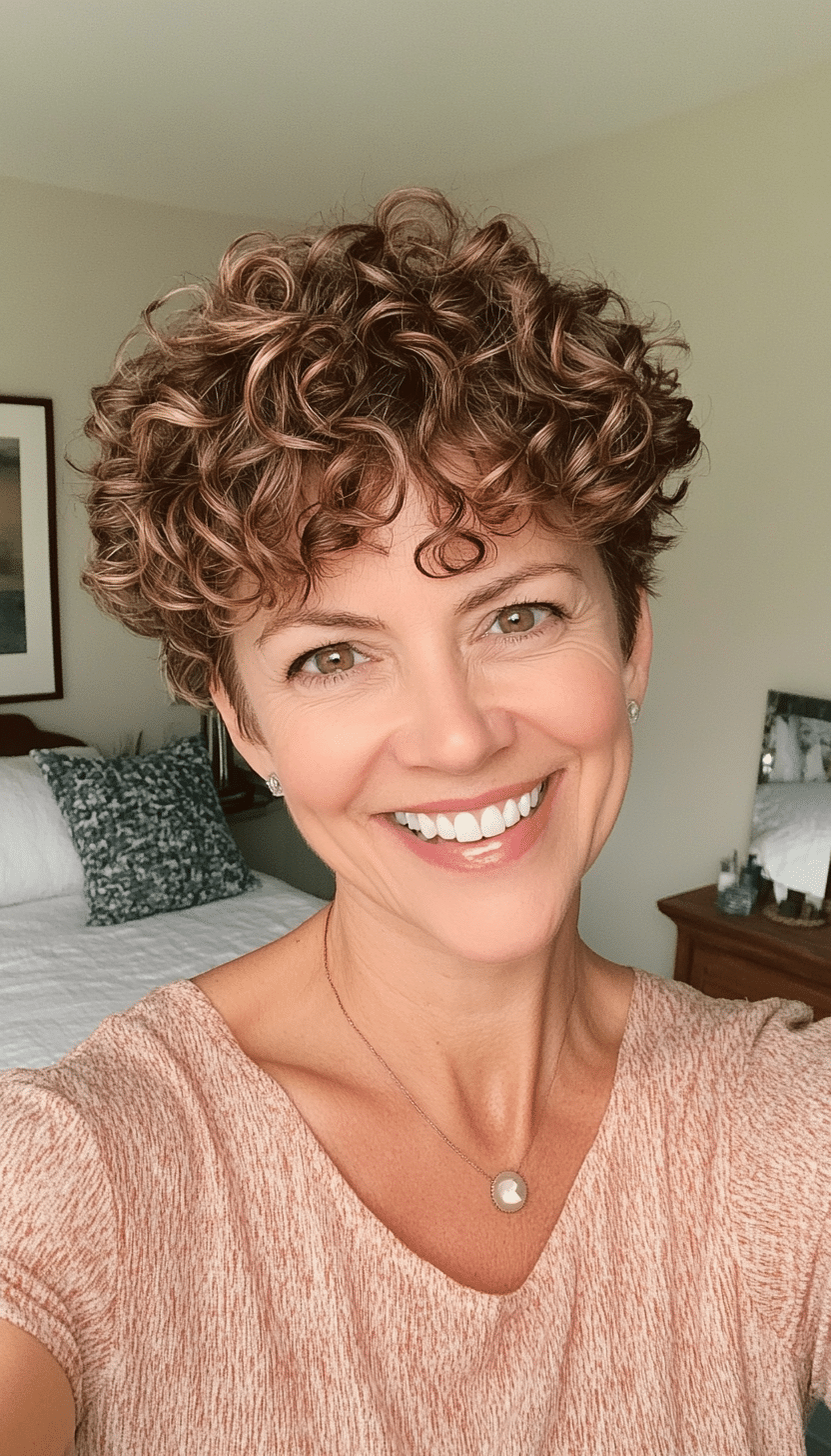 8. Curly Pixie in Caramel Brown (Short Hairstyles For Women Over 50 With Thin Hair) - Short Hairstyles For Women Over 50 With Thin Hair
