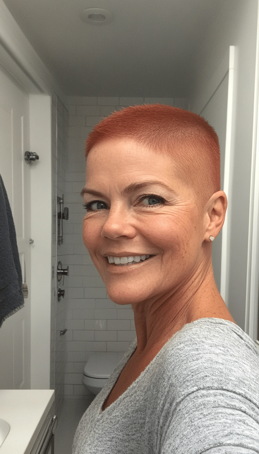 12. Bold Buzz Cut in Rich Auburn (Short Hairstyles For Women Over 50 With Thin Hair) - Short Hairstyles For Women Over 50 With Thin Hair