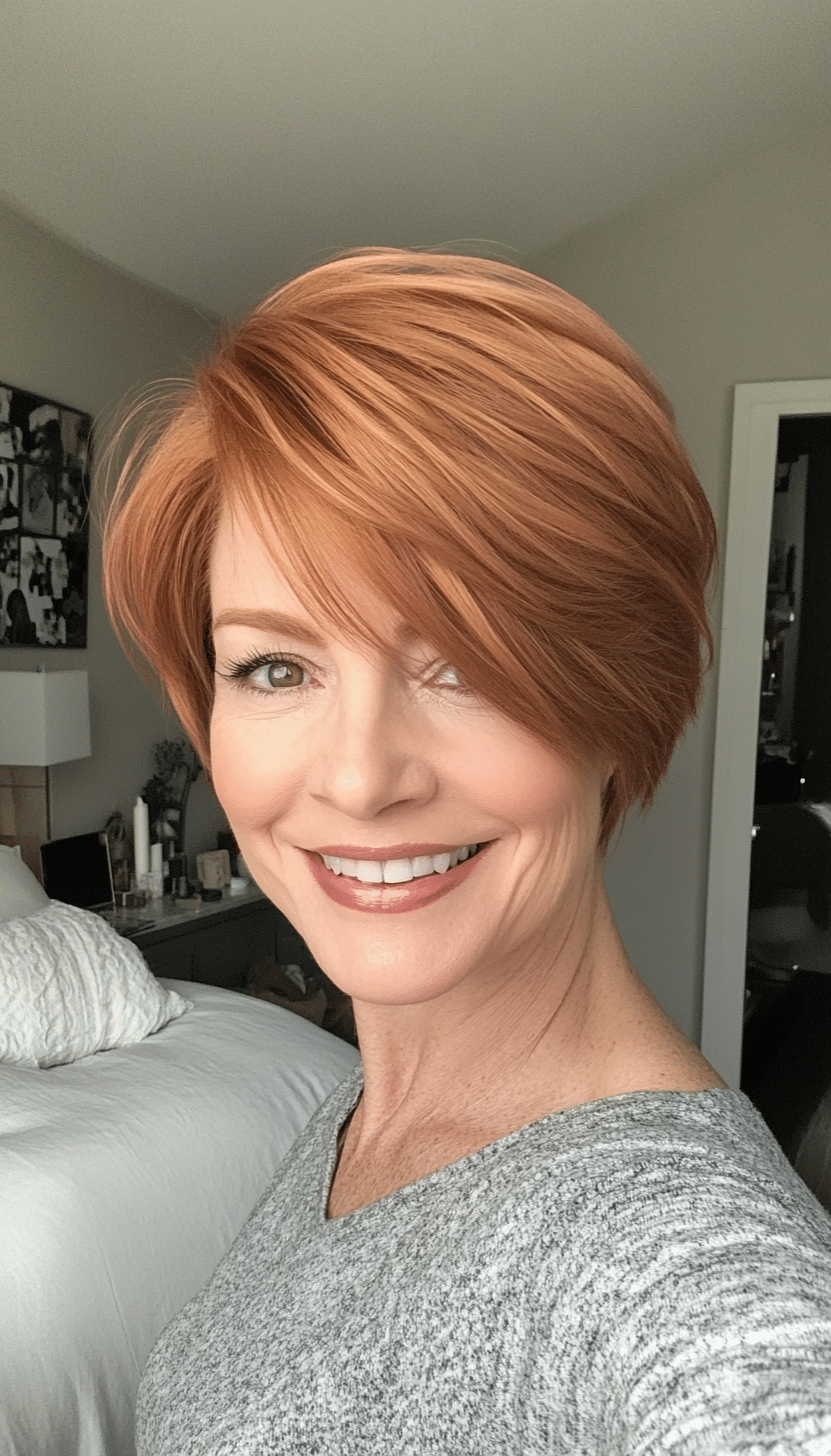15. Side-Swept Layers in Soft Ginger (Short Hairstyles For Women Over 50 With Thin Hair) - Short Hairstyles For Women Over 50 With Thin Hair