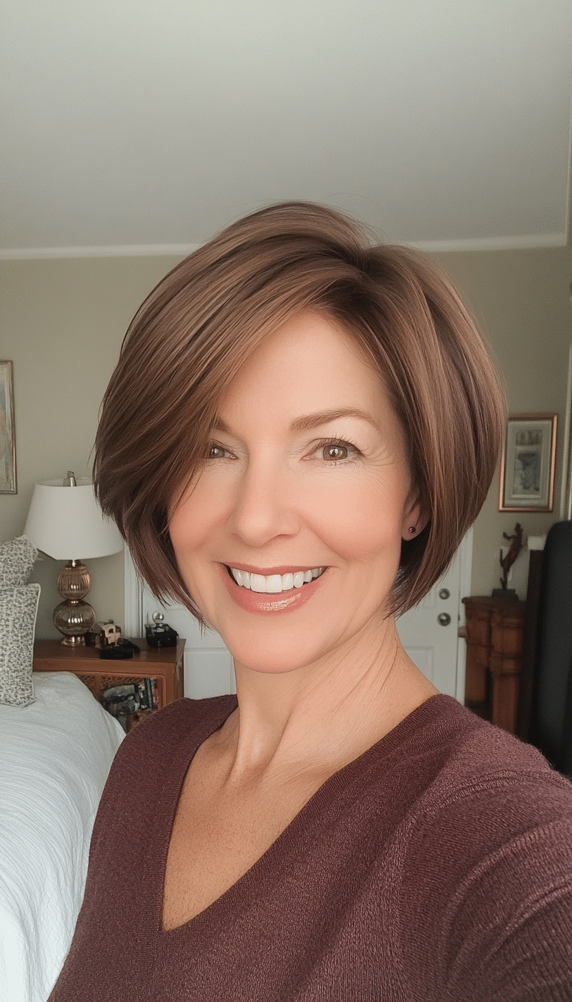 22. Smooth Contour Cut in Walnut Brown (Short Hairstyles For Women Over 50 With Thin Hair) - Short Hairstyles For Women Over 50 With Thin Hair
