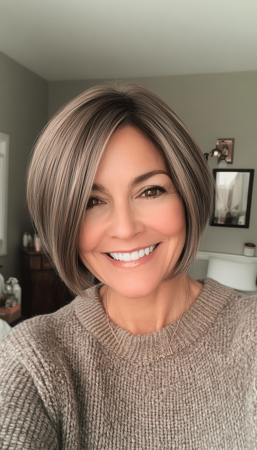 27. Edgy Parted Bob in Ash Brown (Short Hairstyles For Women Over 50 With Thin Hair) - Short Hairstyles For Women Over 50 With Thin Hair