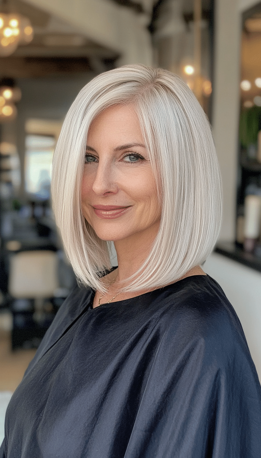 7. Sleek Lob - Platinum Blonde (Trendy Haircuts For Women Over 50) - Trendy Haircuts For Women Over 50